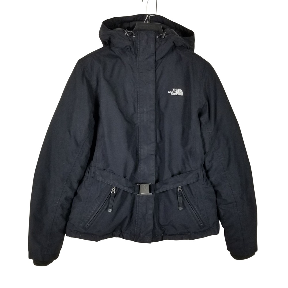 The North Face Puffer Jacket Womens M Black Belted Hooded Goose Down Coat